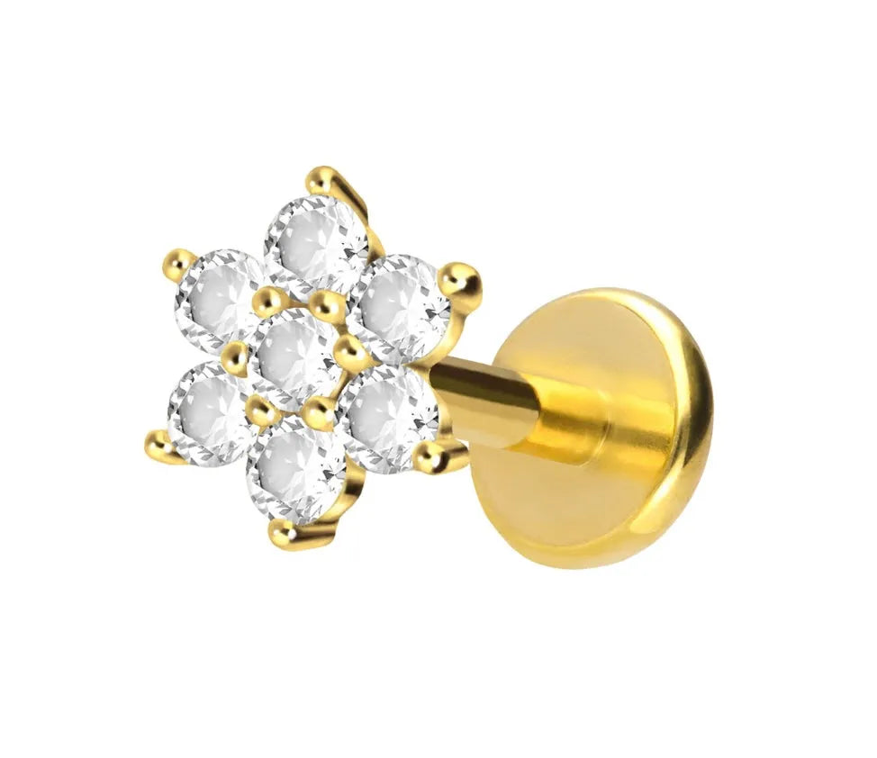 gold flat back earring with an elegant crystal flower