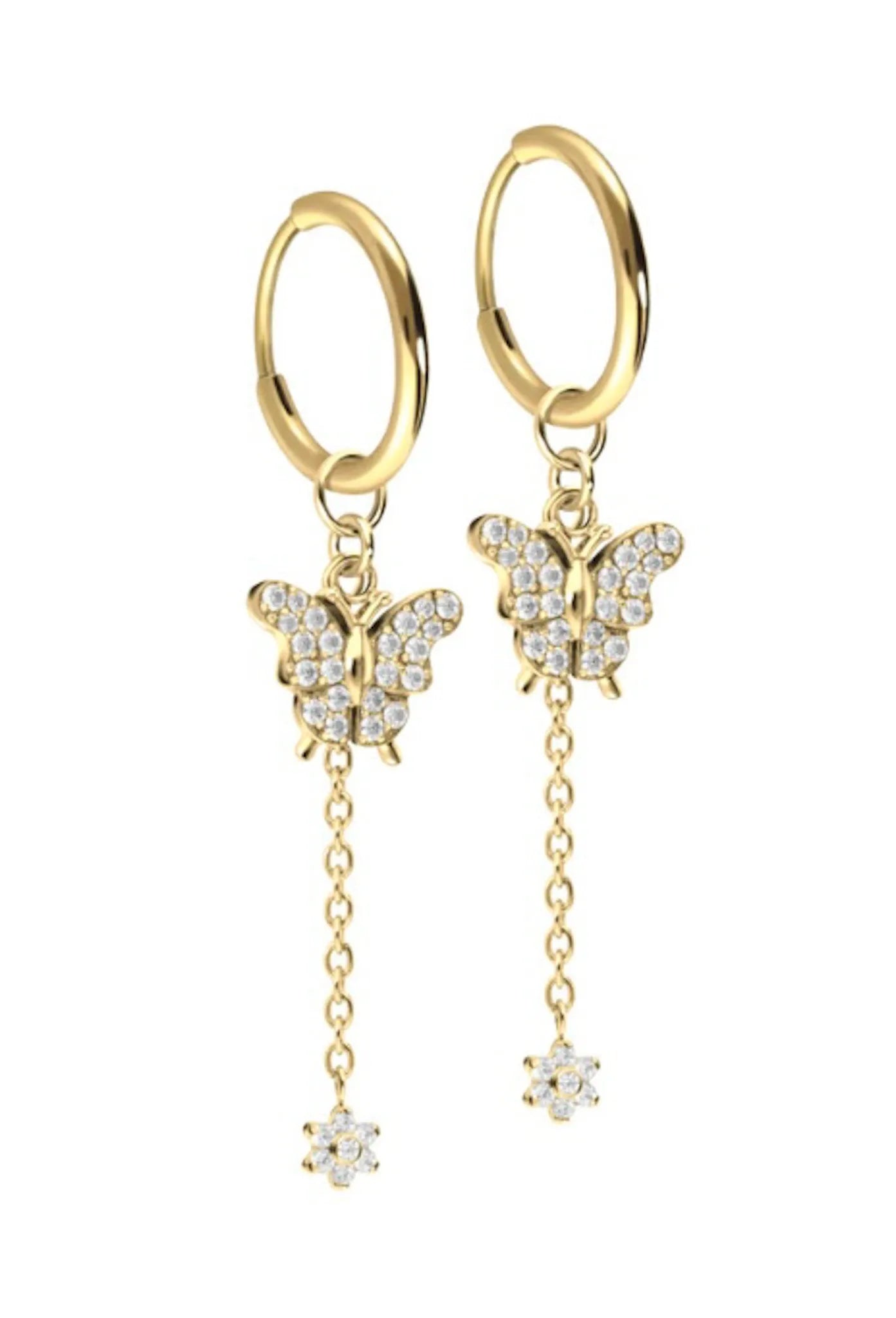gold dangle hoop earrings with a butterfly and flower design