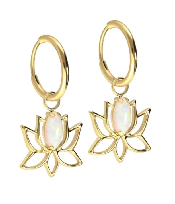 gold dangle hoop earrings with a opal & lotus design