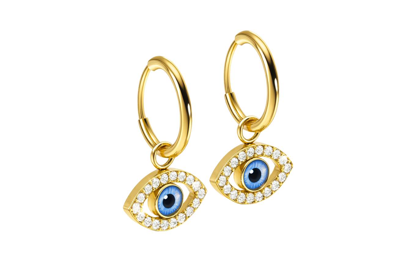 gold dangle hoop earrings with an evil eye design