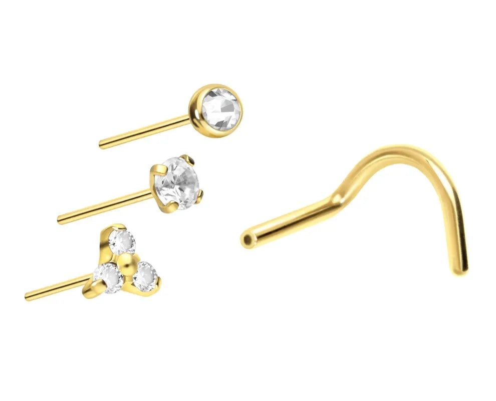 gold nose ring featuring 3 different crystal design replacements