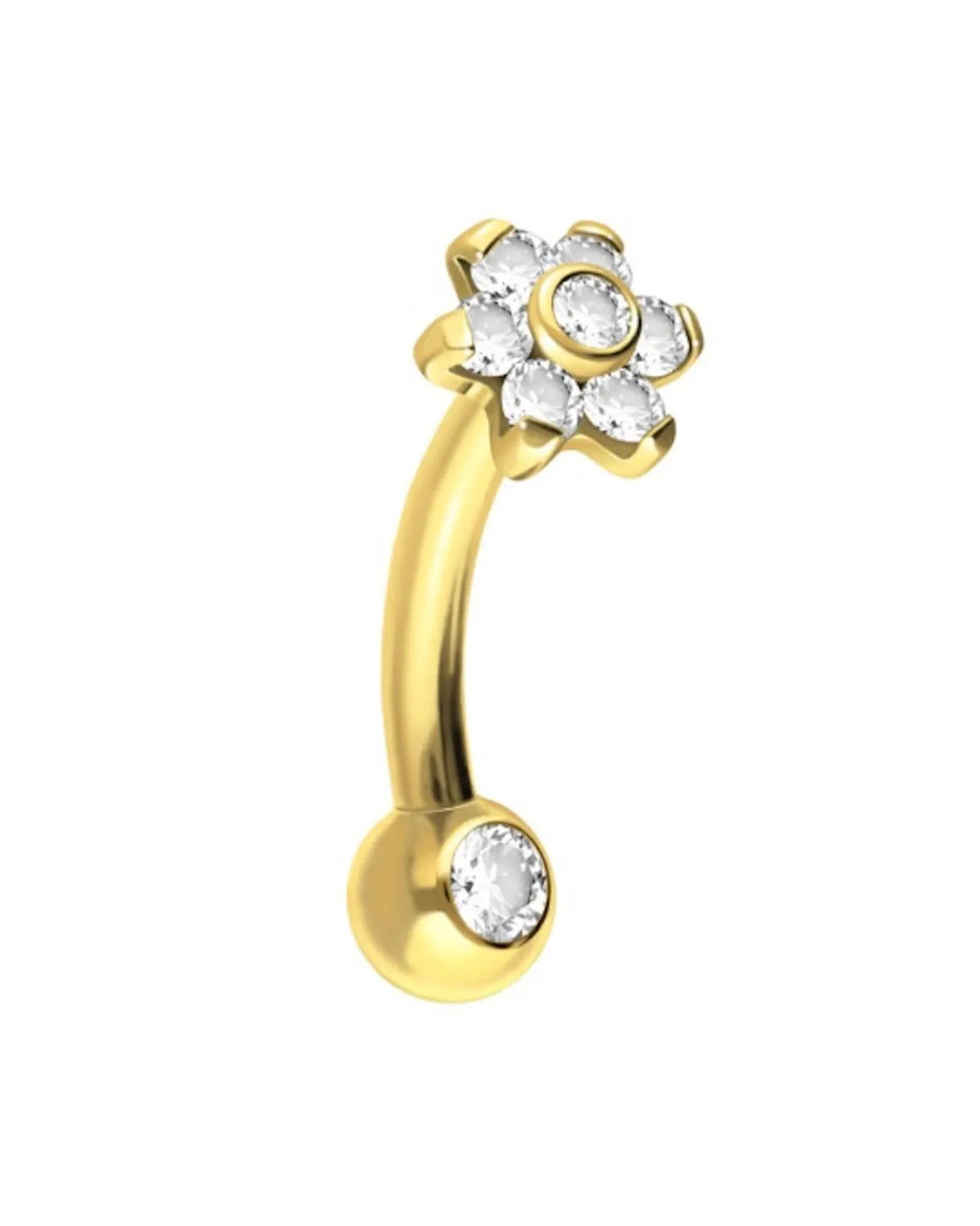 gold vertical labret jewelry with a dainty crystal flower
