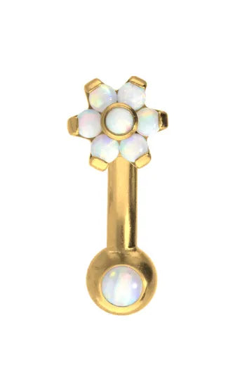 gold eyebrow ring with a shiny opal flower