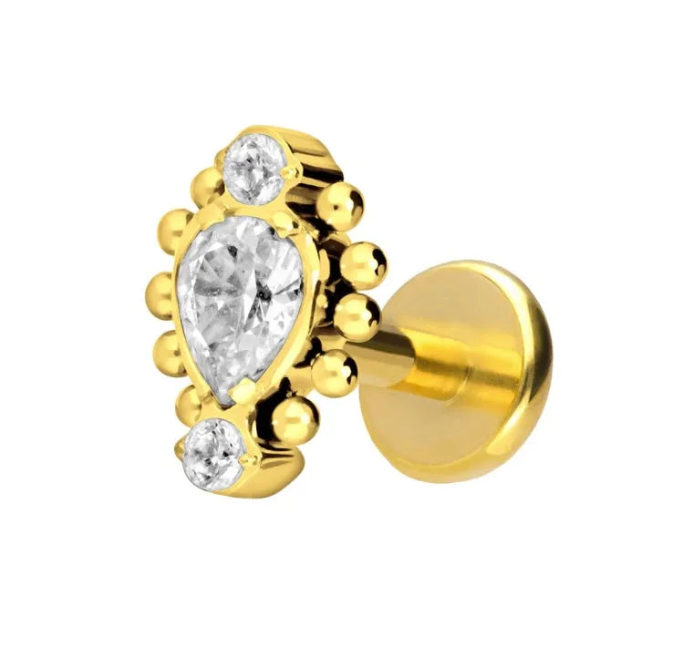 gold flat back earring with a unique beads & crystal design