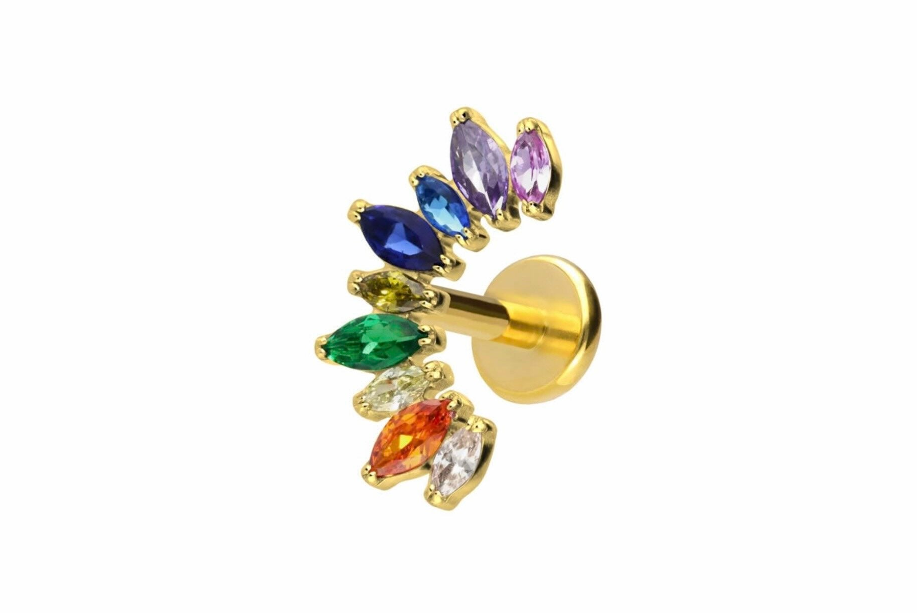 gold flat back earring with a unique curved crystal design in blue, purple, orange and green