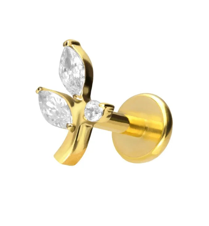 gold flat back earring for helix & tragus with a dainty crystal branch