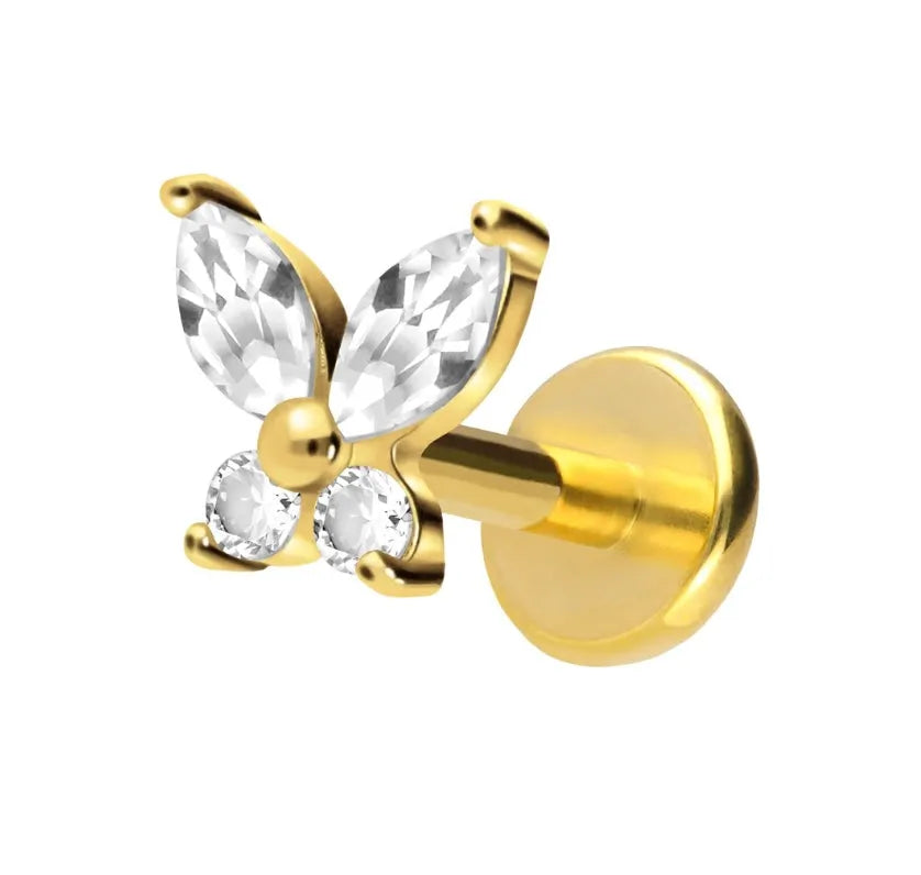 gold flat back earring with a dainty crystal butterfly
