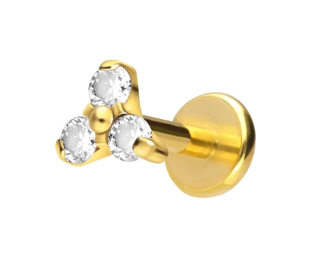 gold tragus earring with a dainty crystal trinity