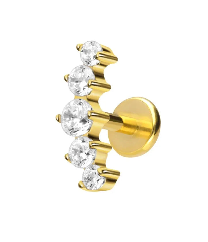 gold flat back earring with a dainty crystal arch