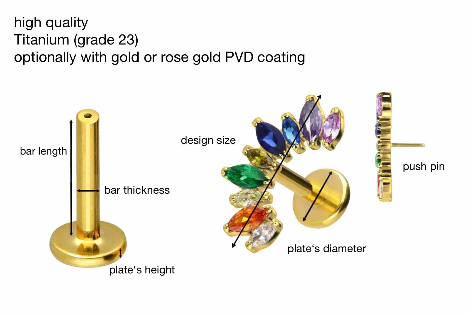 labeled features and size chart of a colorful unique helix earring