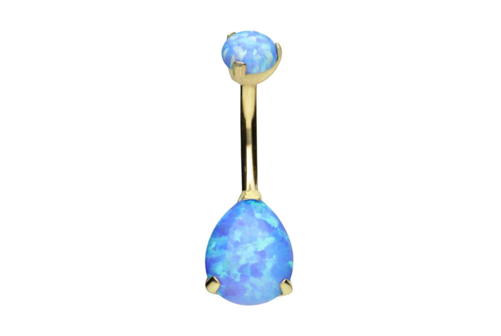 gold belly ring with a light blue opal drop