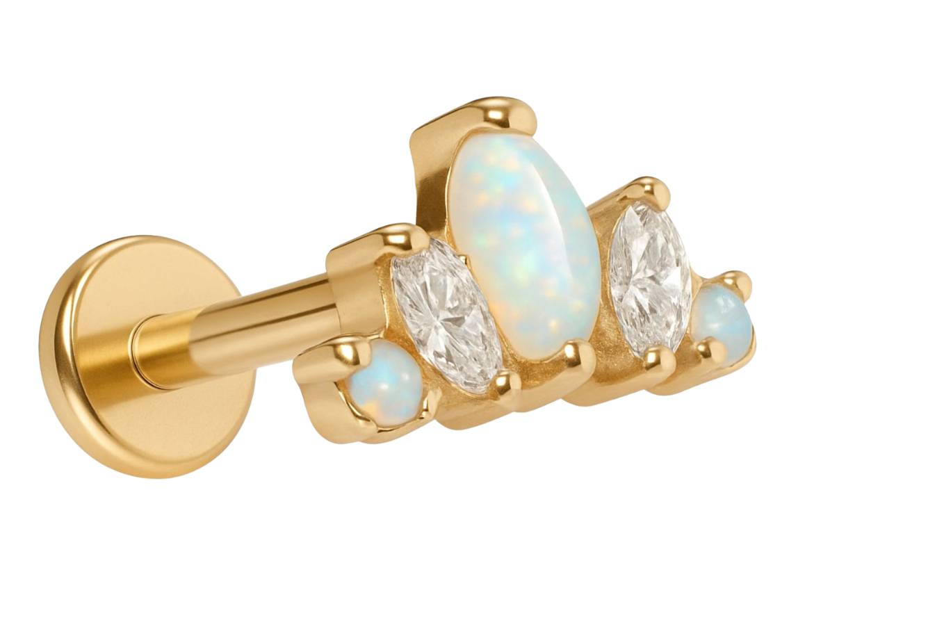gold flat back earring with a unique tiny opal design