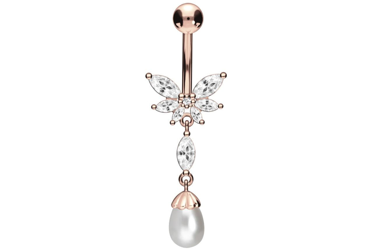 rose gold dangle belly ring with an elegant pearl