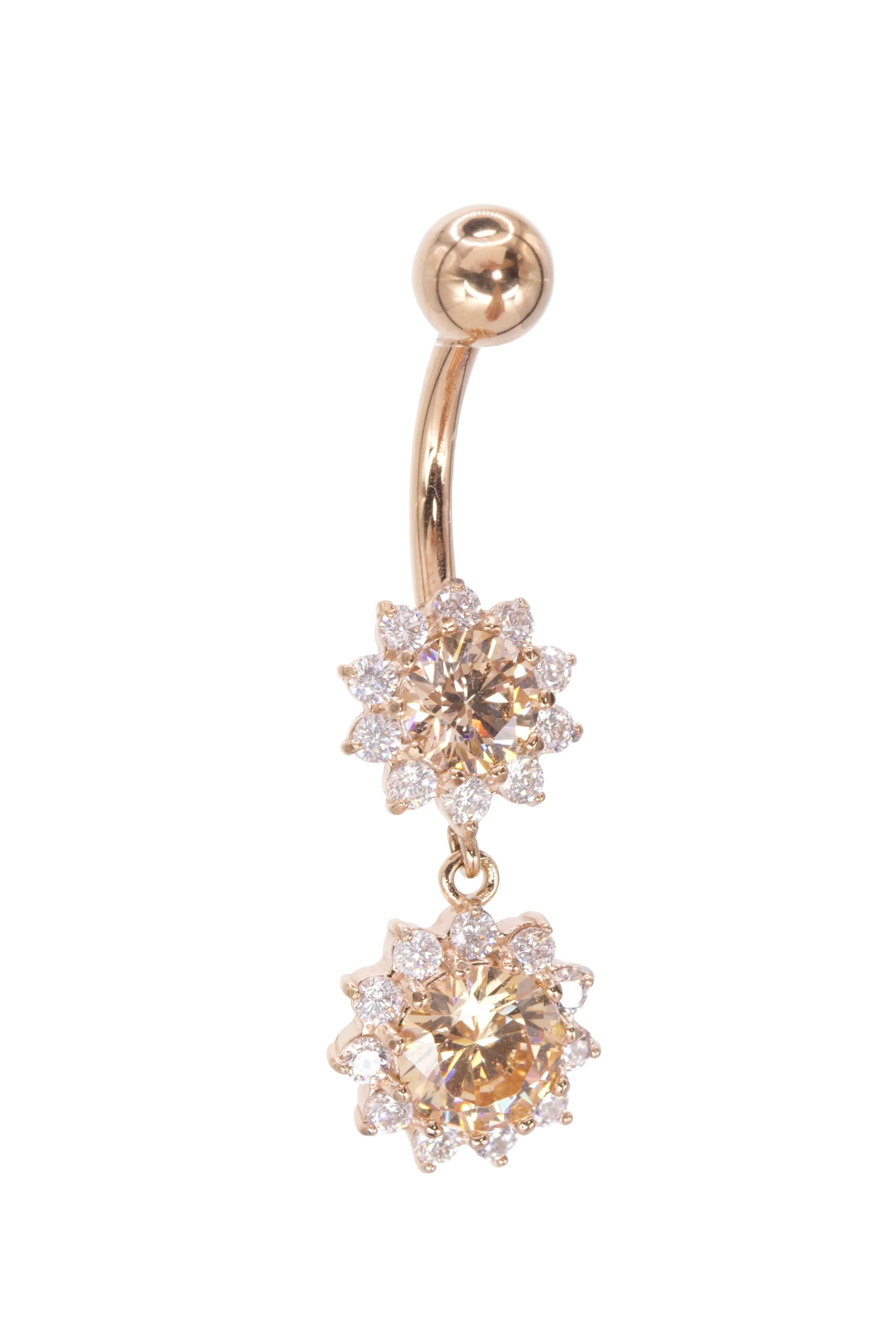 dangle rose gold belly ring featuring 2 crystal flowers