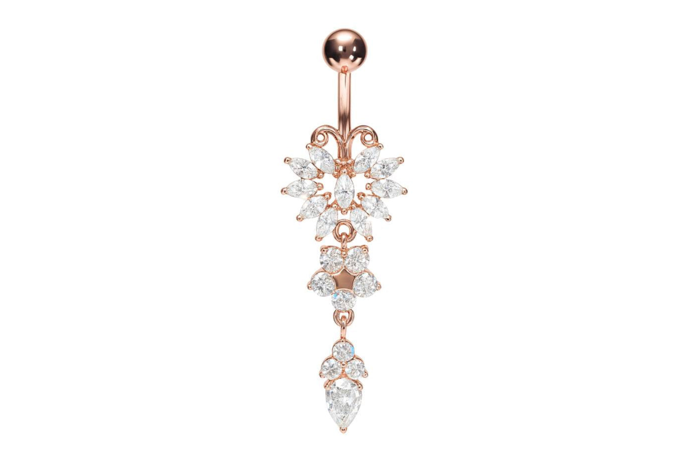 rose gold belly ring with a dangle butterfly design