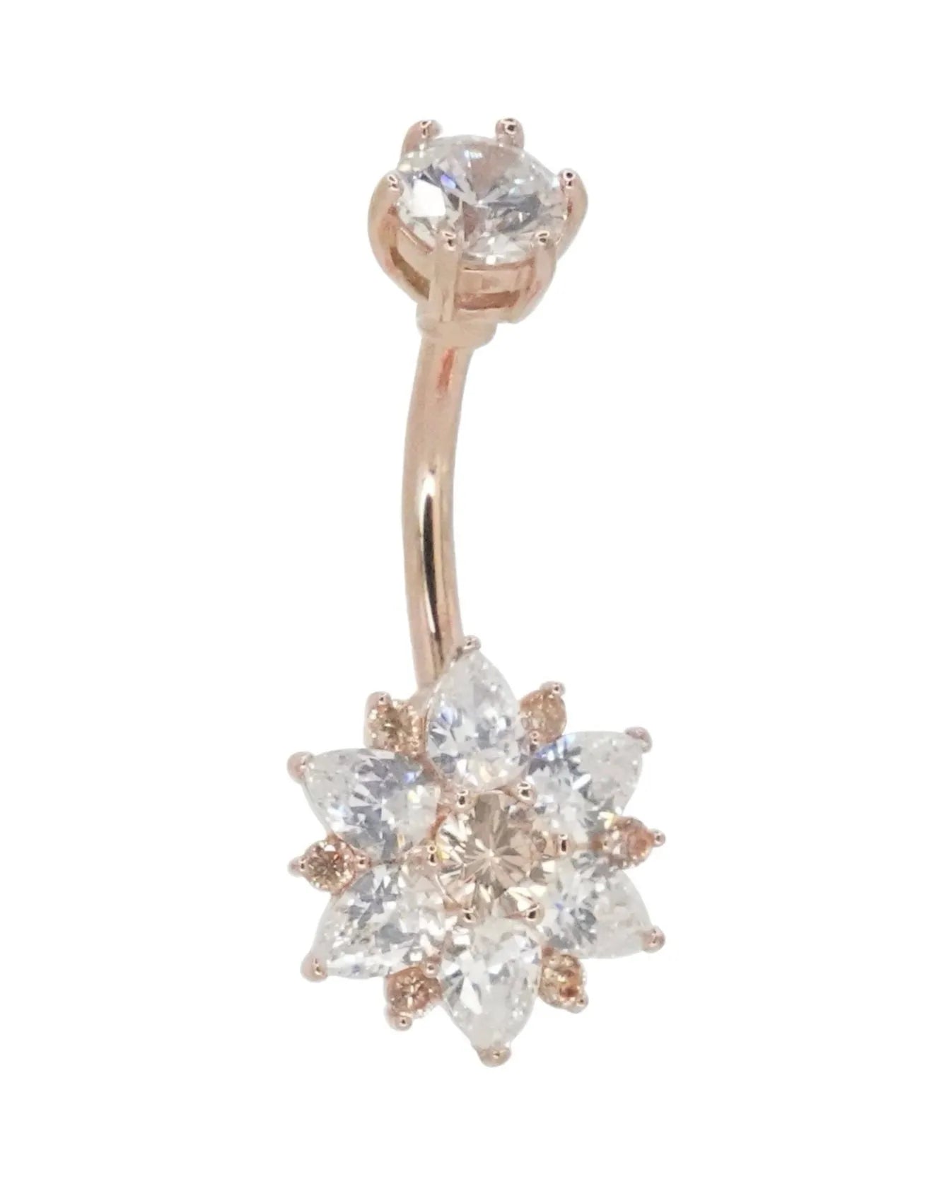 non-tarnish rose gold belly ring featuring a unique crystal flower