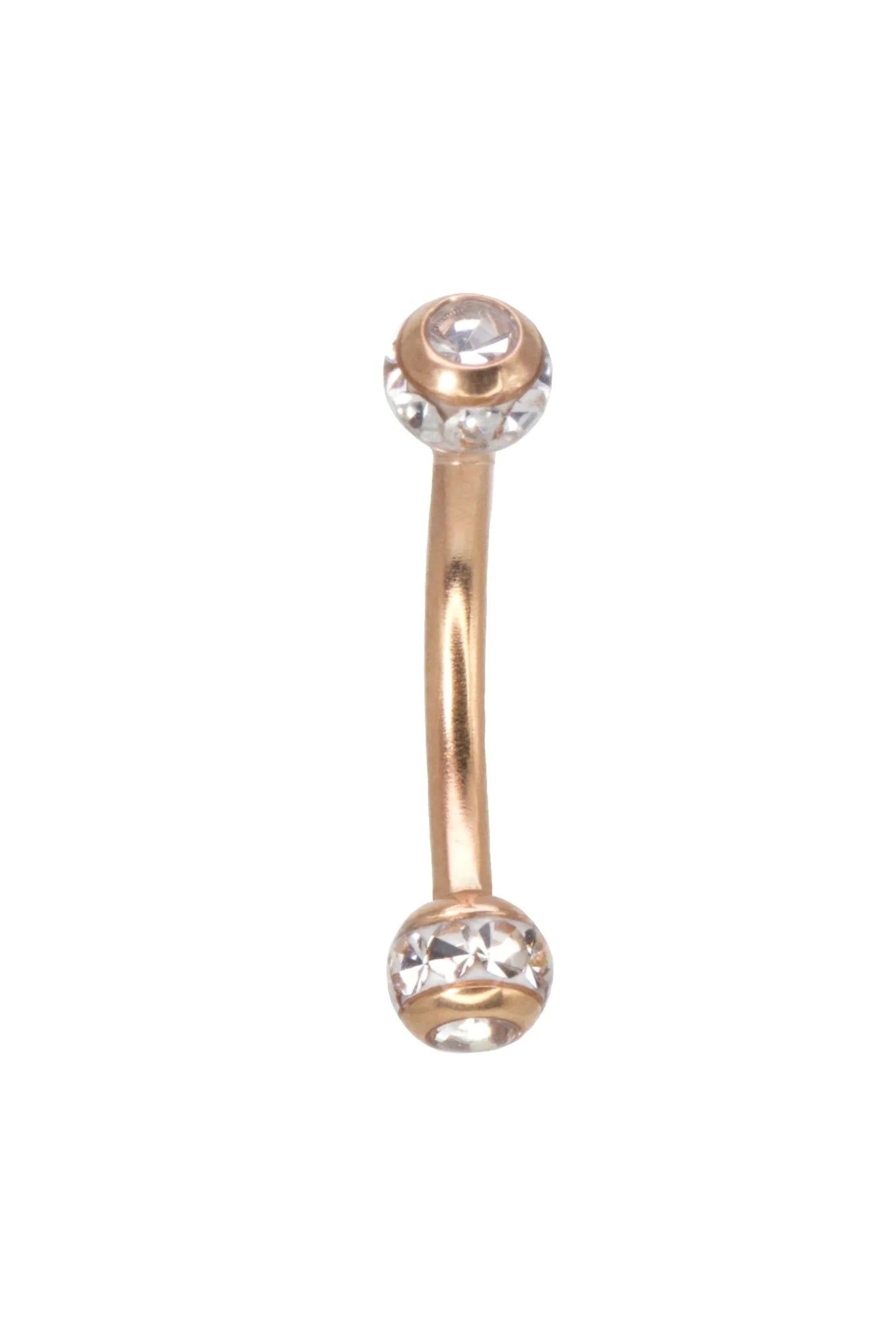 rose gold curved barbell for rook, vertical labret and eyebrow piercings featuring dainty crystal balls