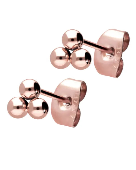 non-tarnish rose gold stud earrings featuring 3 dainty balls