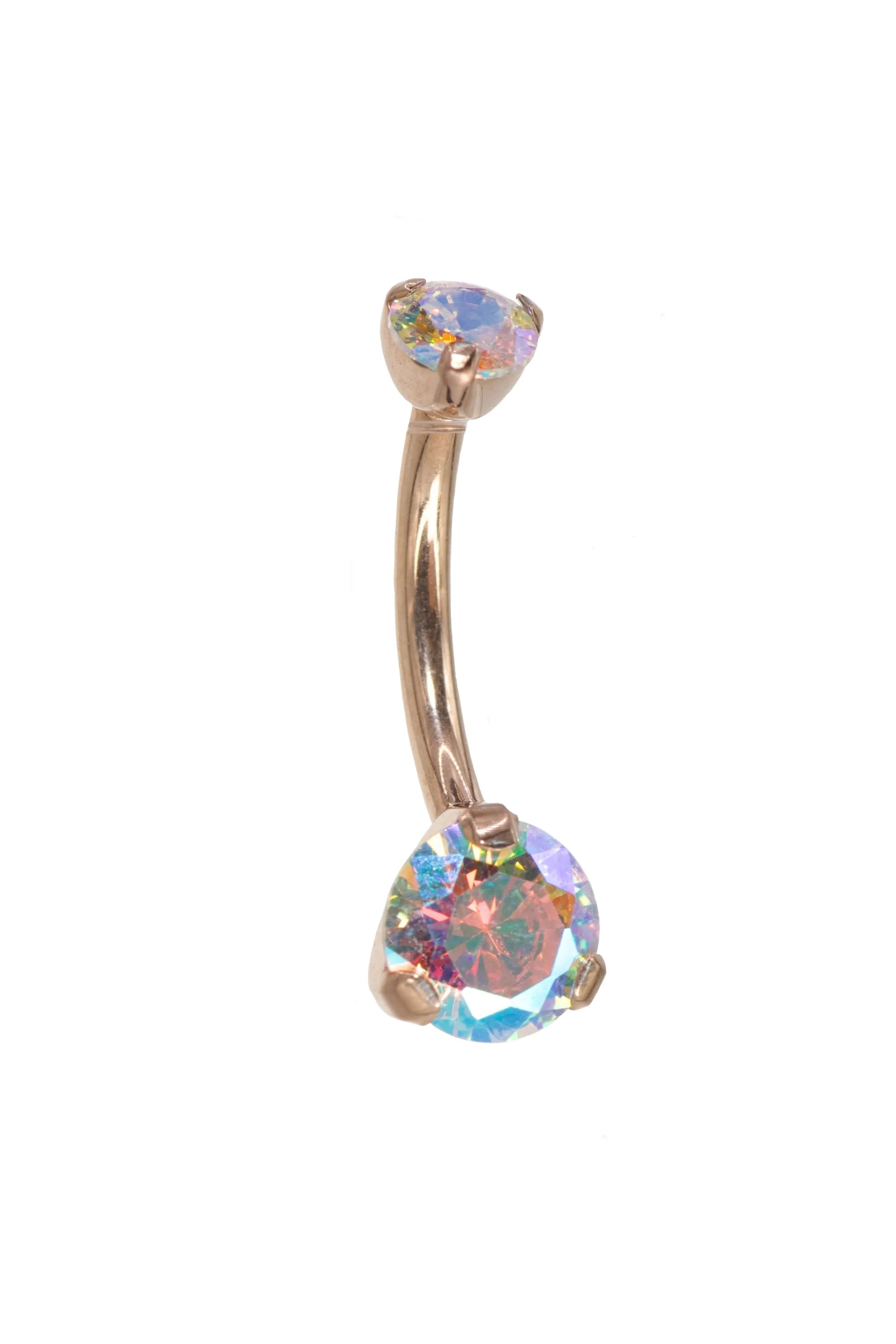rose gold belly ring featuring 2 dainty rainbow diamonds