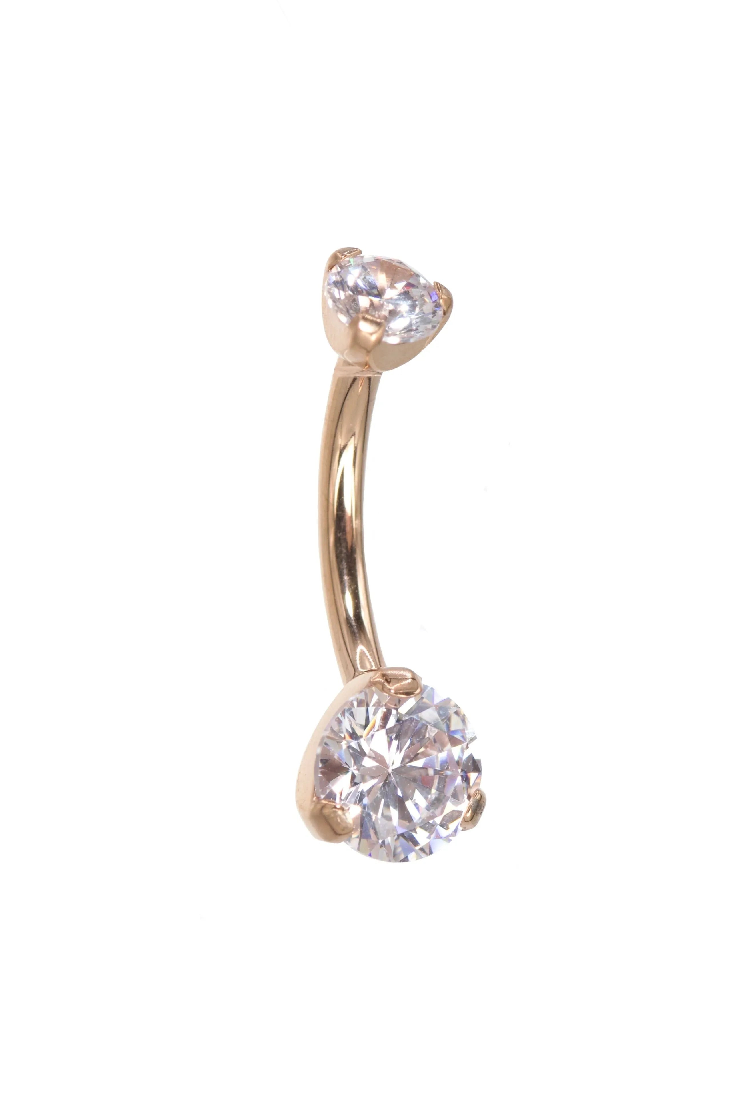 rose gold diamond belly ring featuring 2 dainty crystals