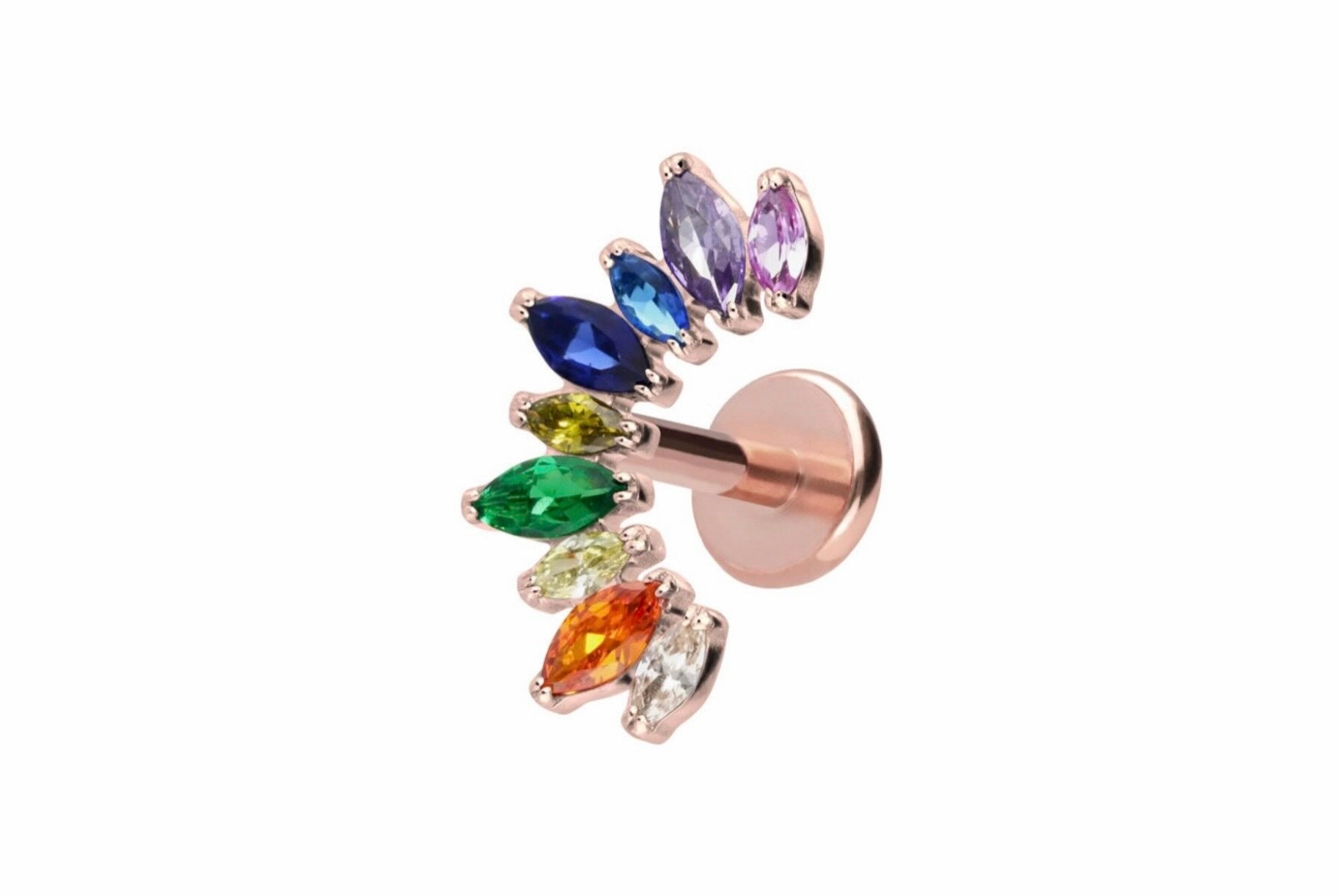 rose gold flat back earring with a unique curved crystal design in blue, purple, orange and green