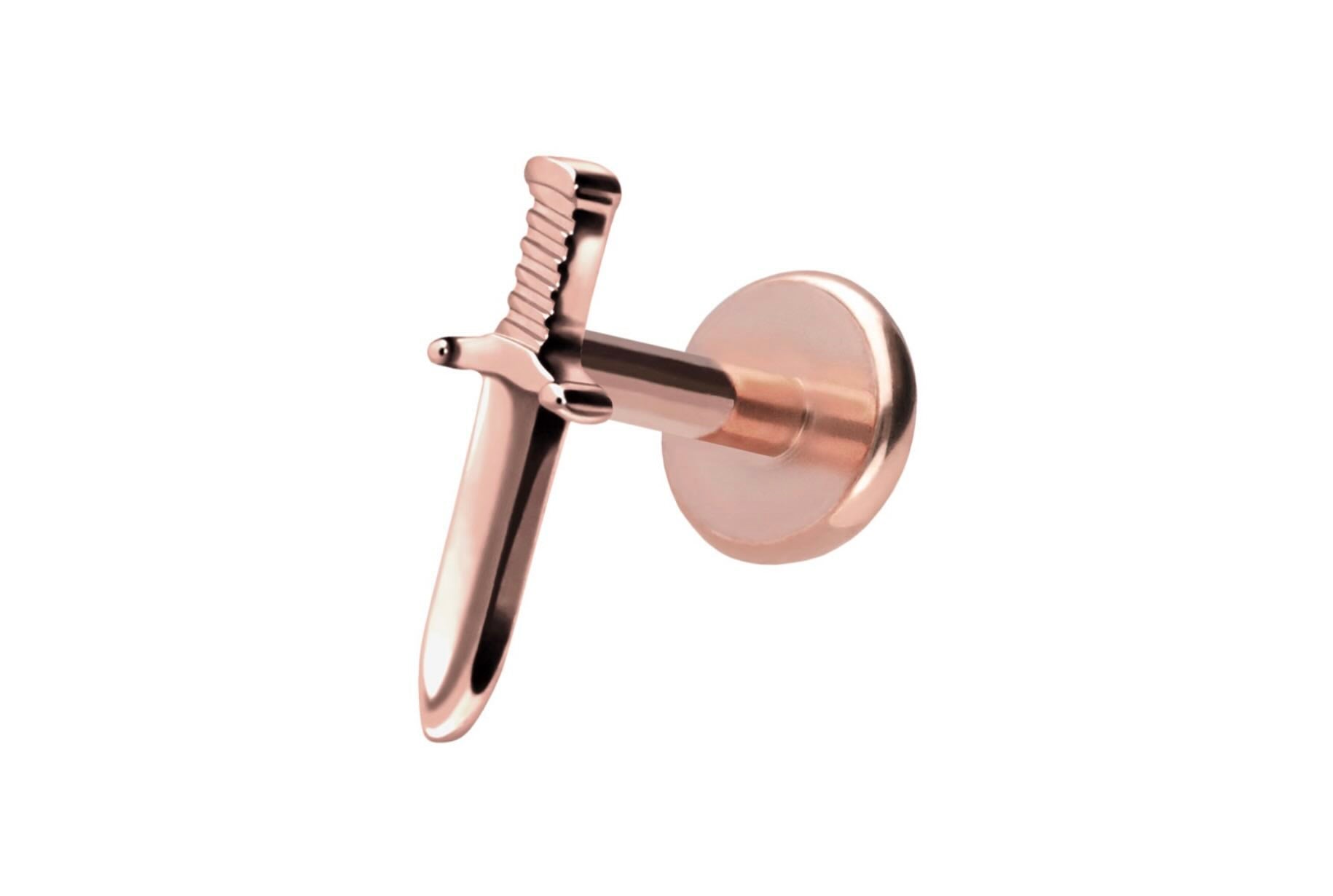 non-tarnish flat back earring with a rose gold dagger design