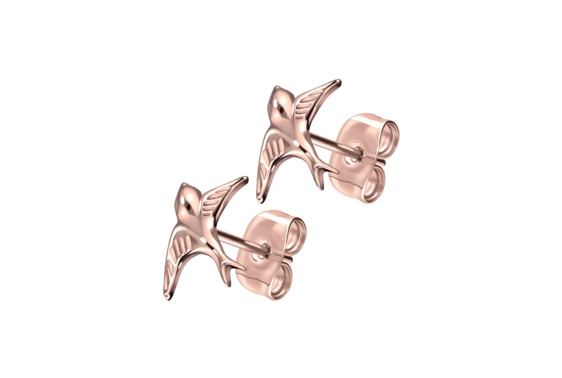 rose gold stud earrings featuring a swallow design