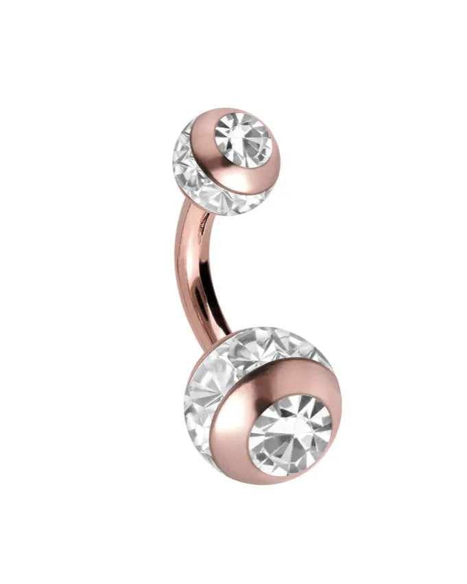 non-tarnish rose gold belly ring featuring 2 crystal balls