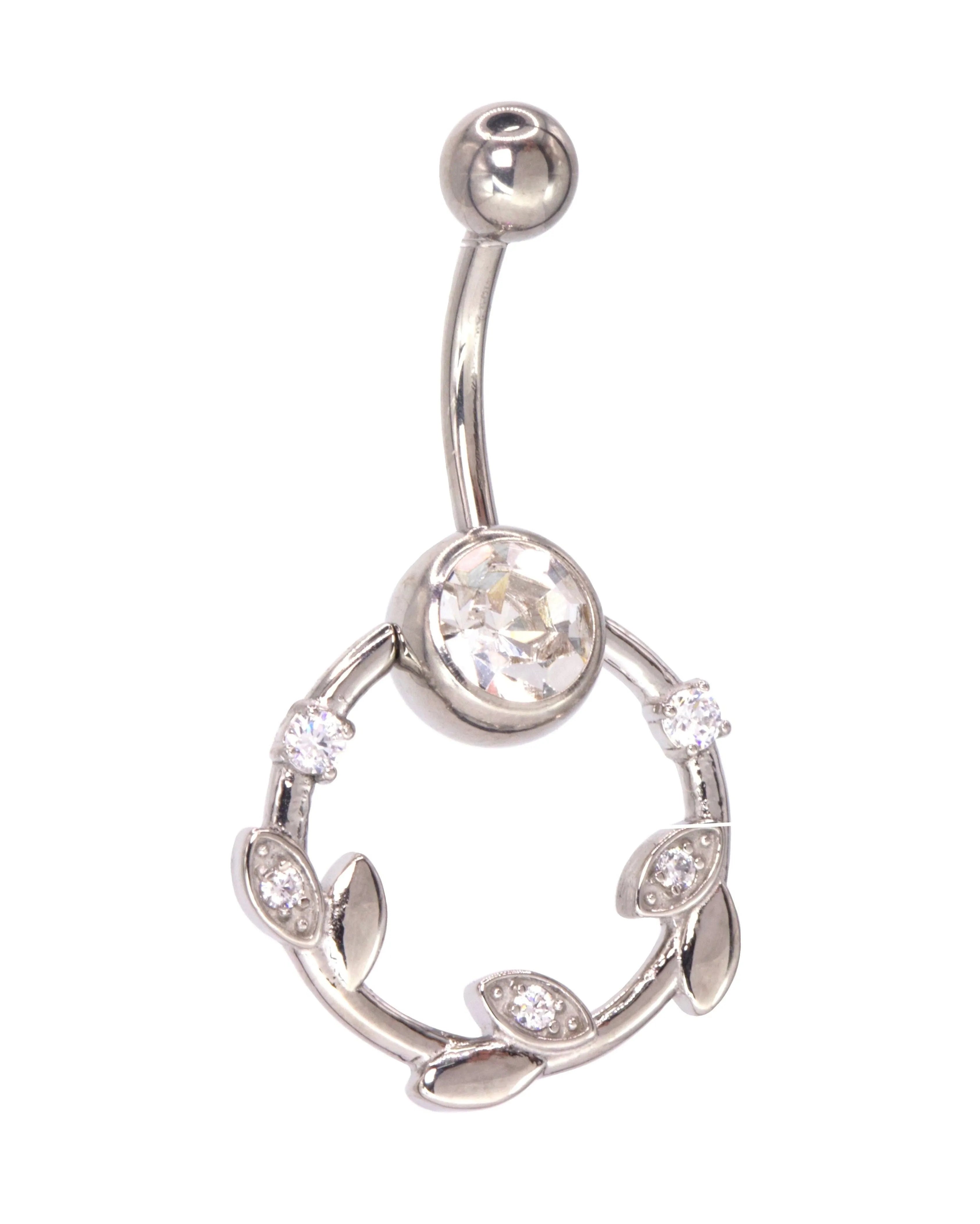 hypoallergenic dangle belly ring featuring a crystal vine