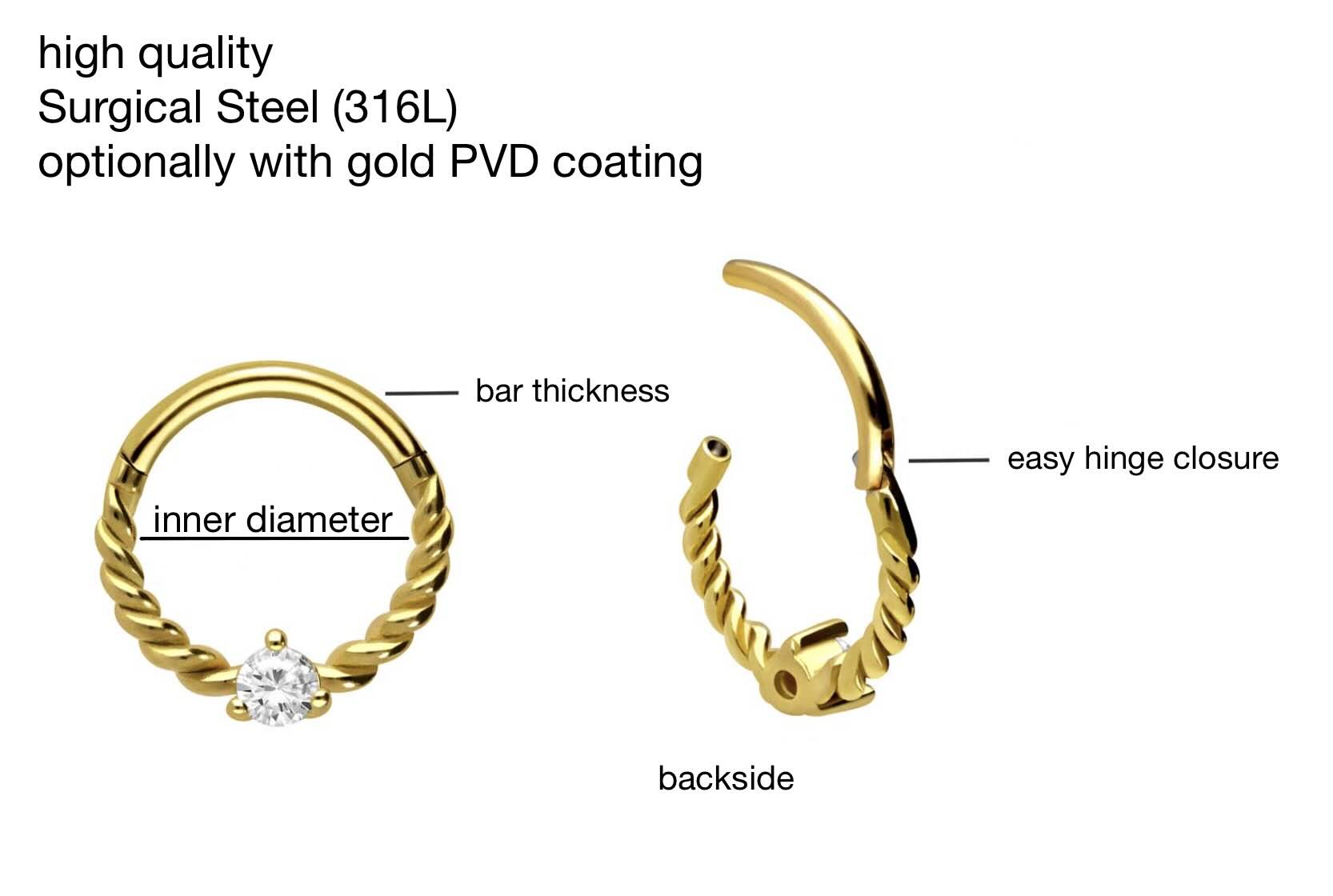 gold septum jewelry with labeled features