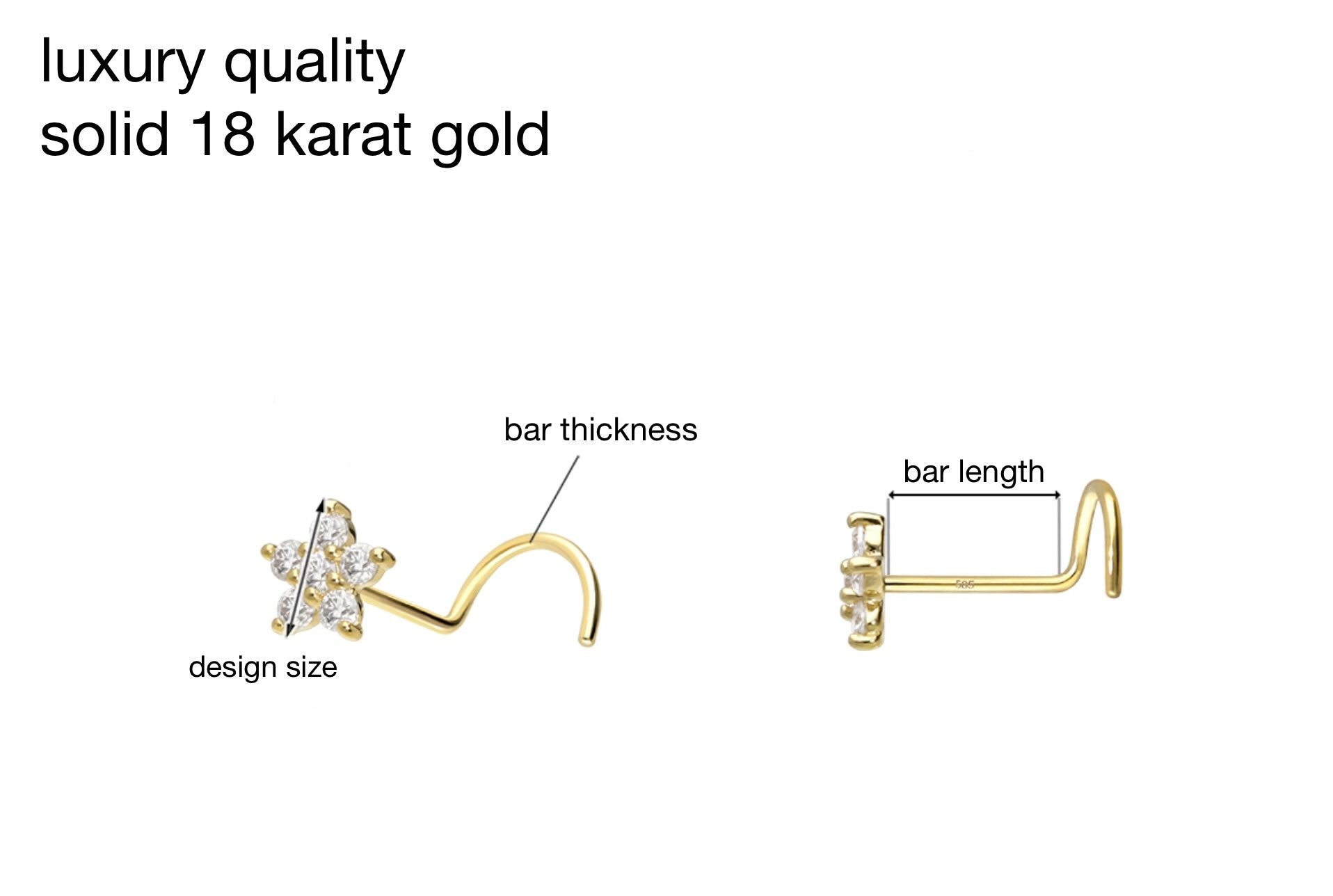 product specifications for an 18 karat gold nose ring with a dainty flower