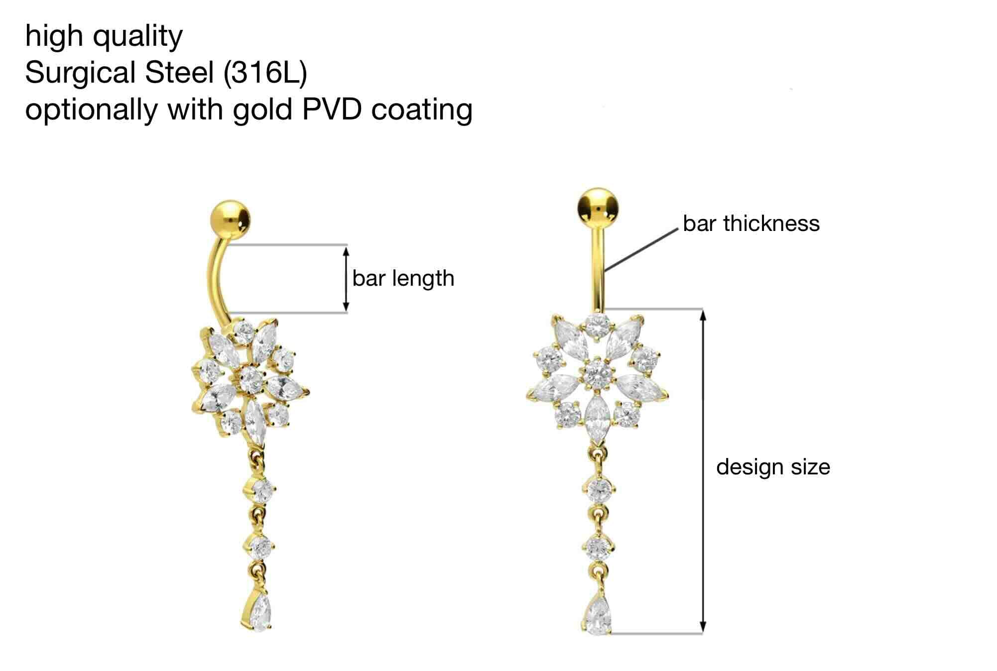 specifications for stainless steel belly ring with snowflake design