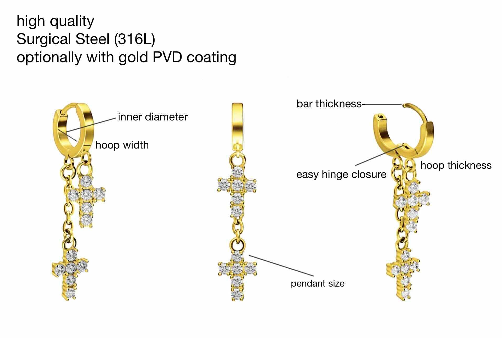 specifications of gold hoop earrings with dangling crystal crosses