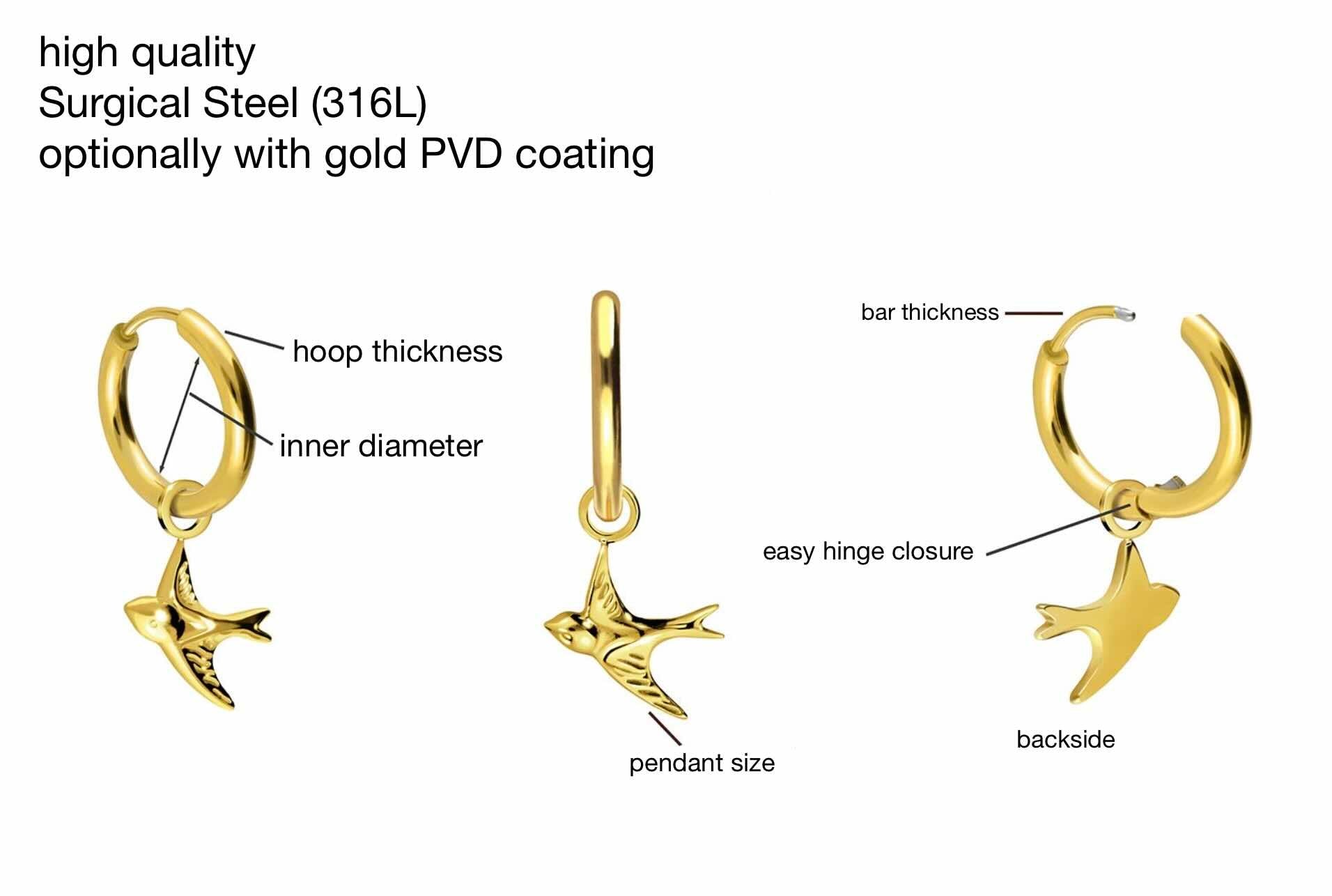 labeled specifications for surgical steel hoop earrings with a dangle swallow