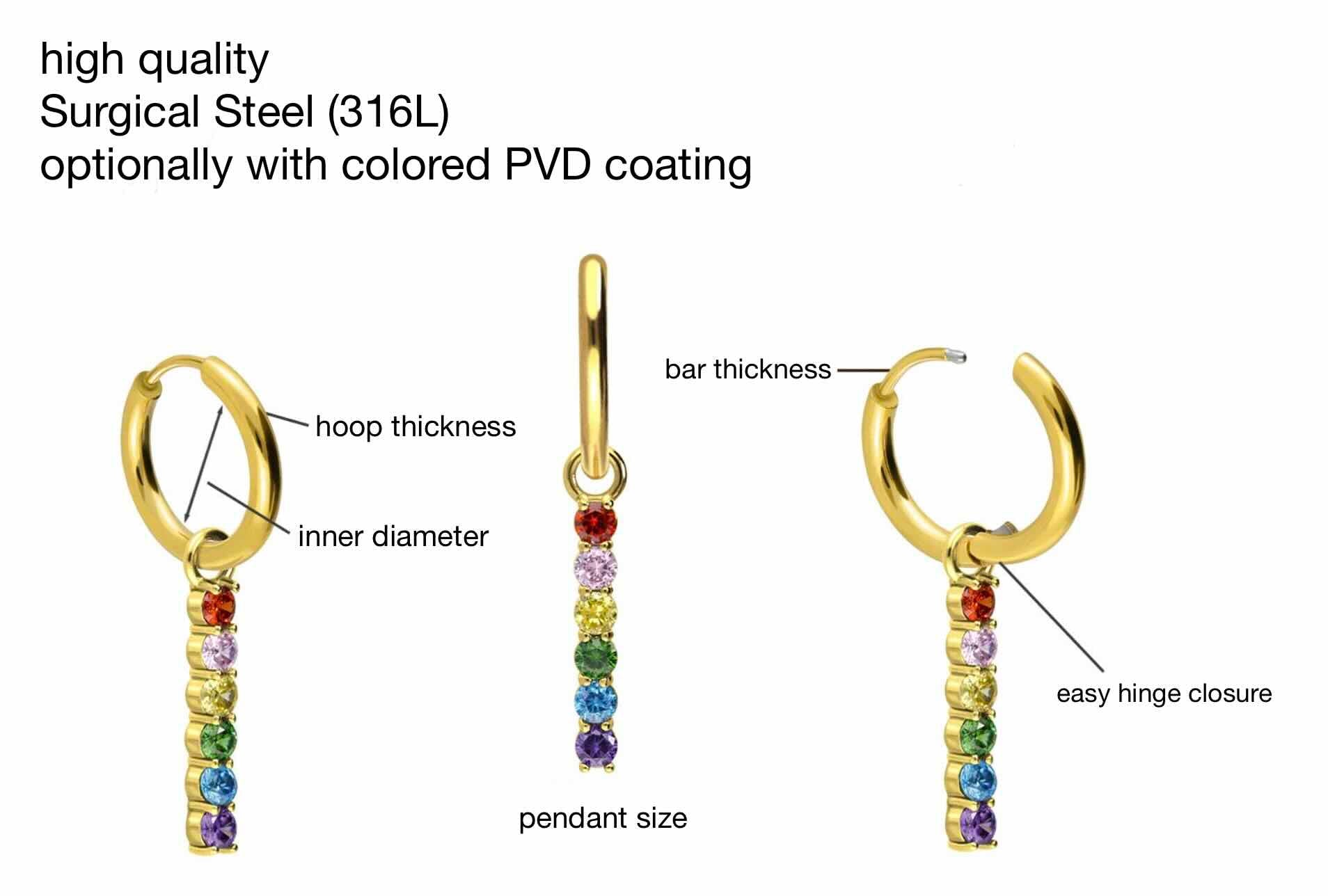 Surgical Steel Hoop Earrings - Rainbow Dangle