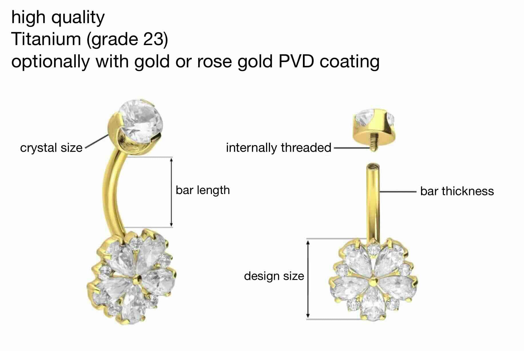 specifications for titanium belly ring with a dainty flower design