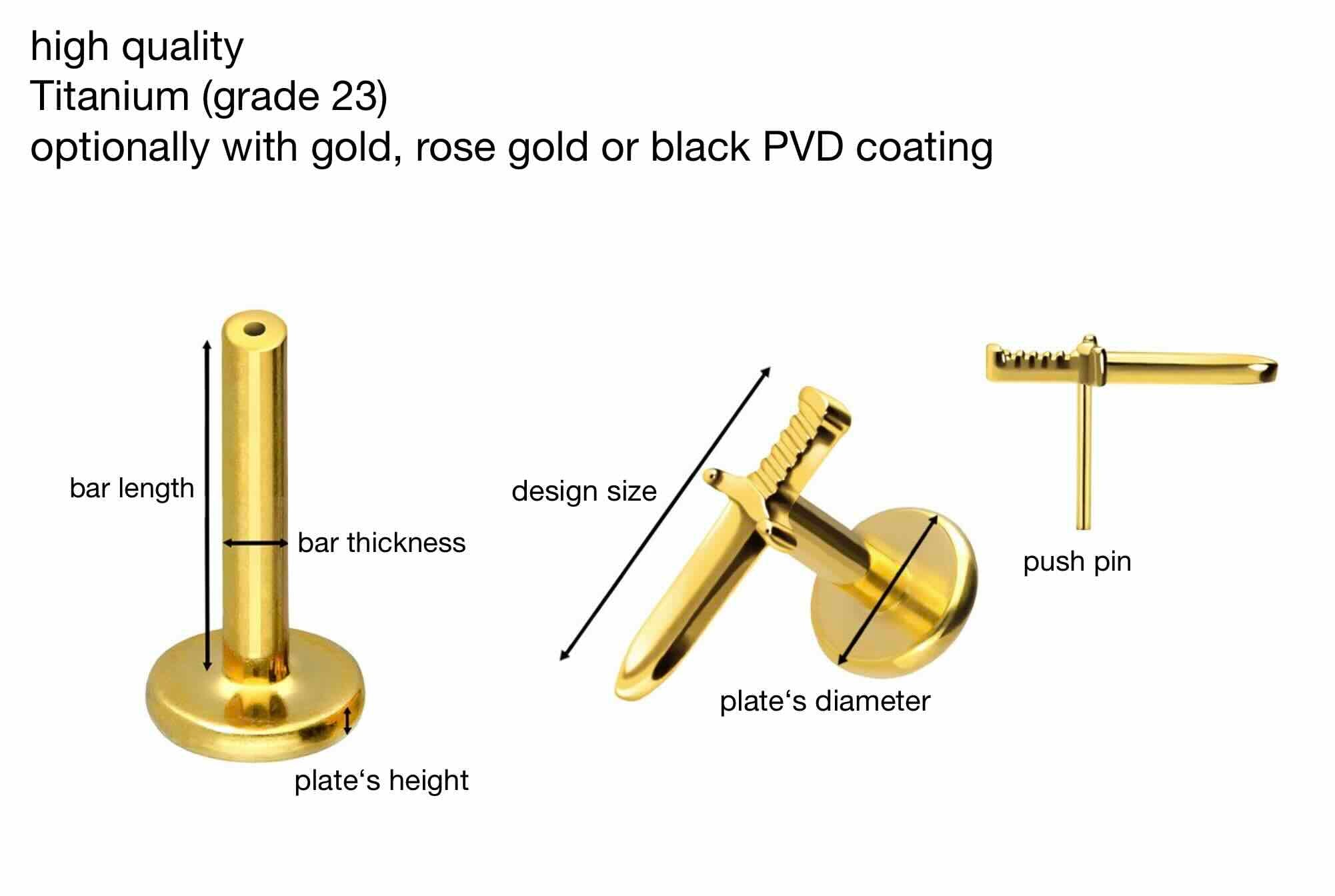 Titanium Push Pin Flat Back Stud - Cute Dagger