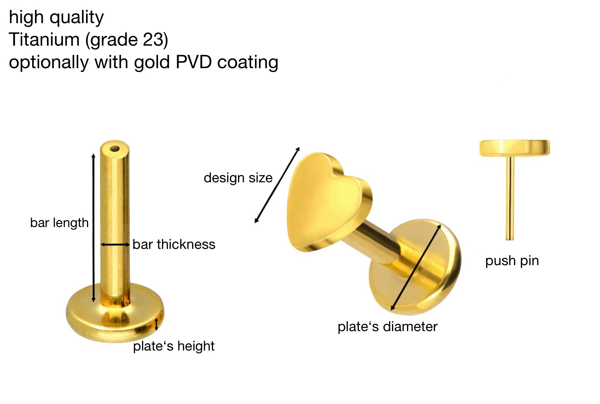 product specifications for push pin flat back stud featuring a dainty heart