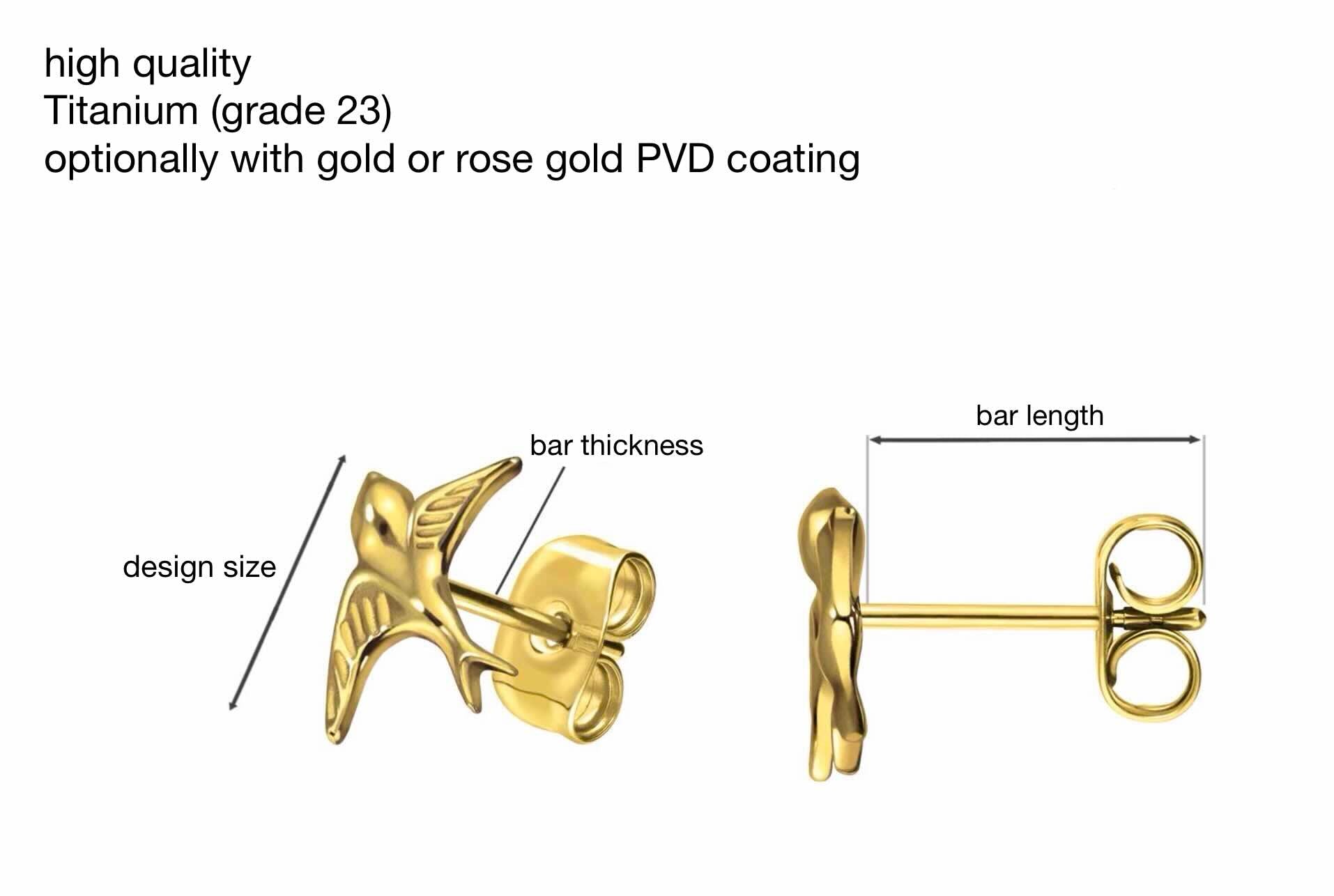 gold swallow stud earrings with technical specifications