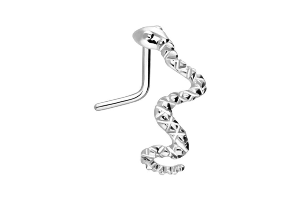silver nose ring with a snake that is supposed to hug the nostril