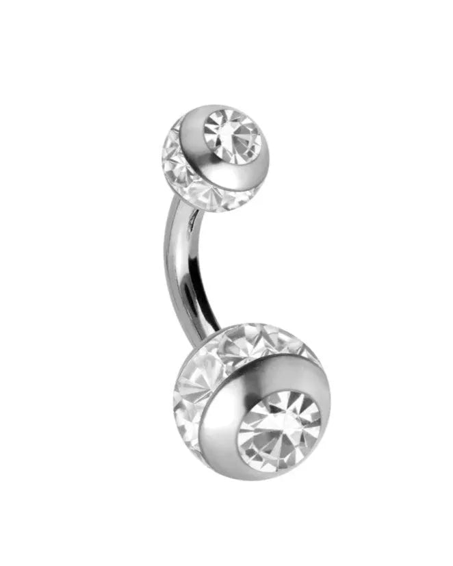 non-tarnish belly ring featuring 2 crystal balls