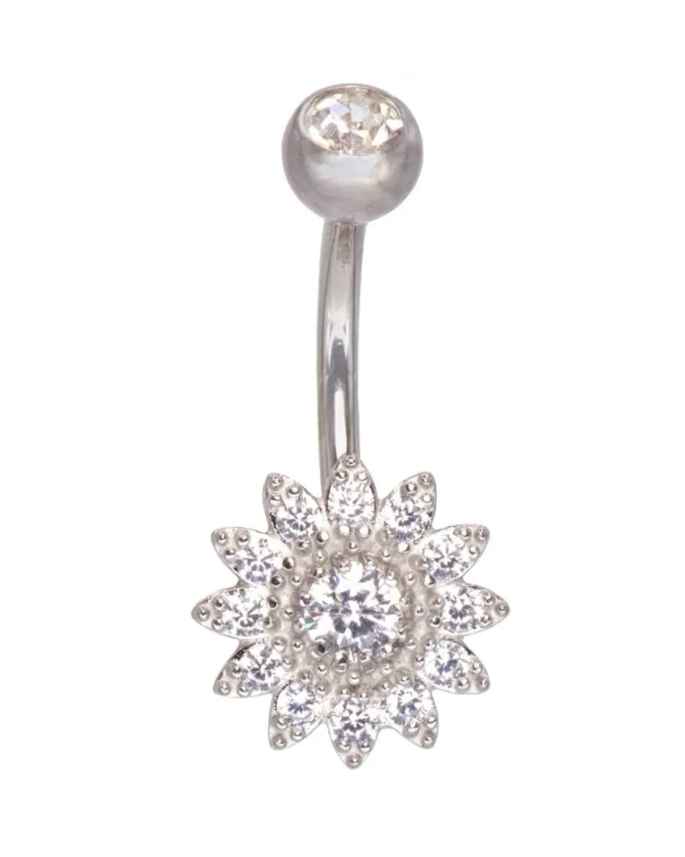 non-tarnish belly ring featuring a dainty crystal flower