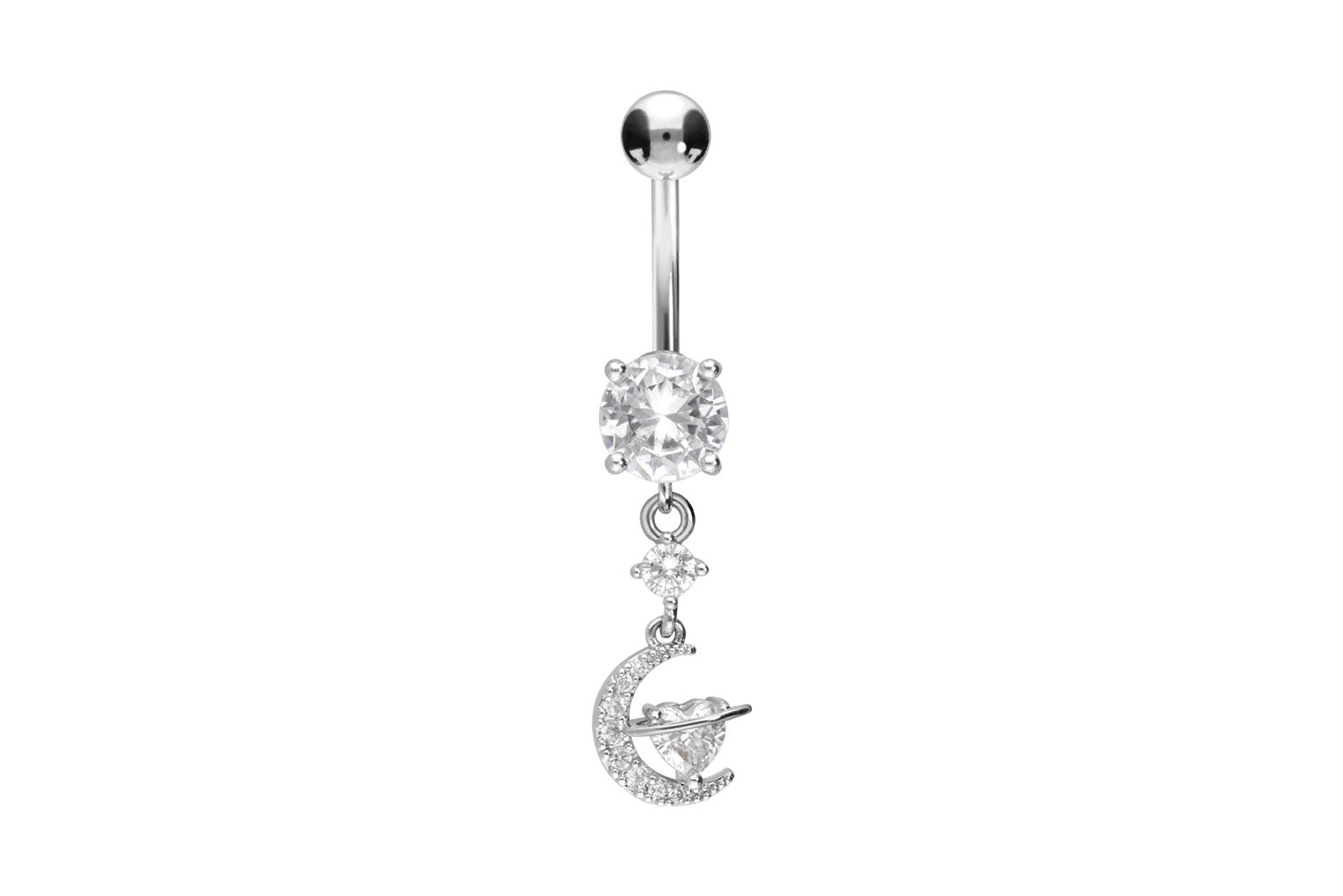 silver dangle belly ring with a cute moon