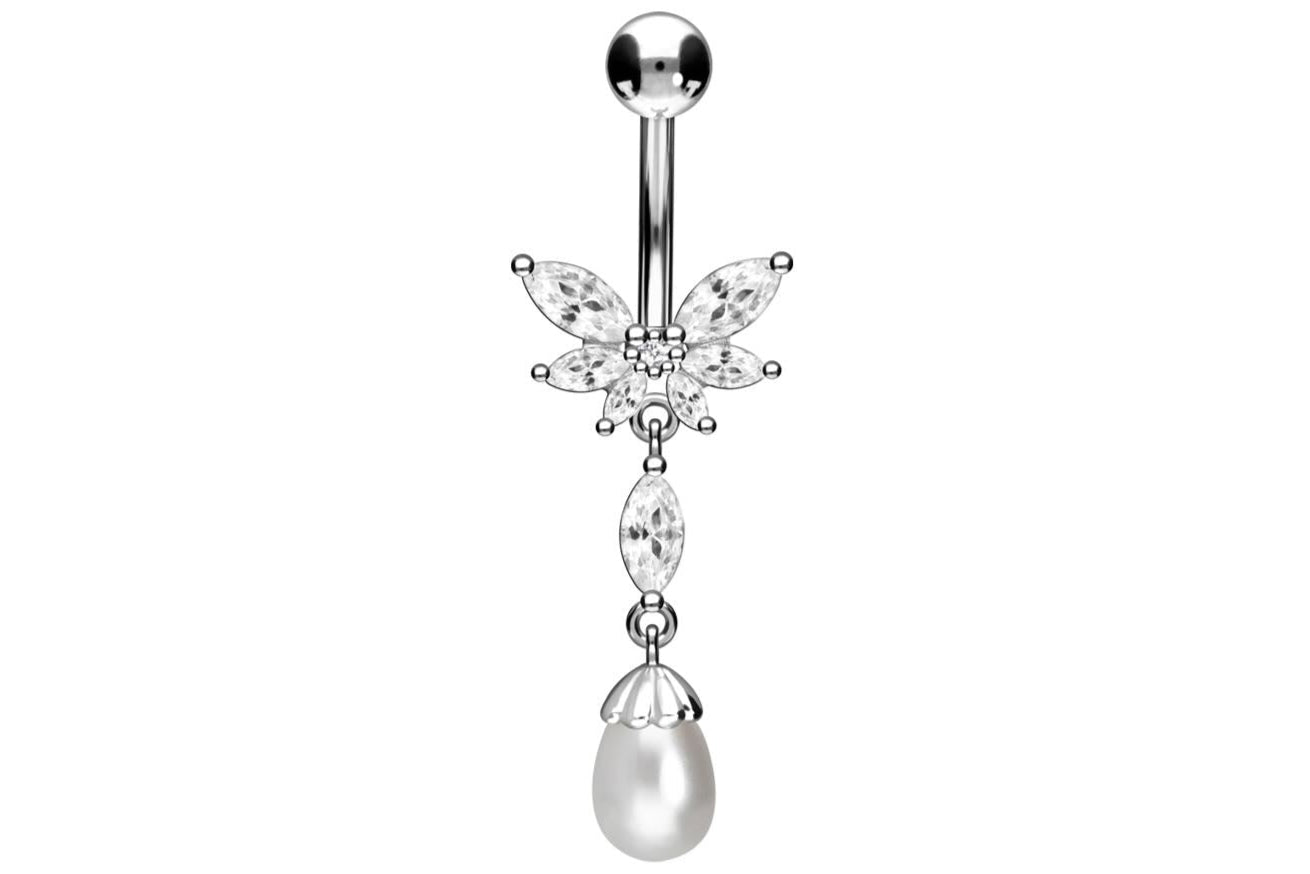 silver dangle belly ring with an elegant pearl