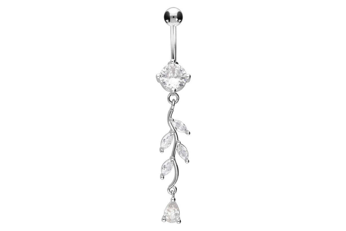 silver dangle belly ring with a dainty crystal tendril