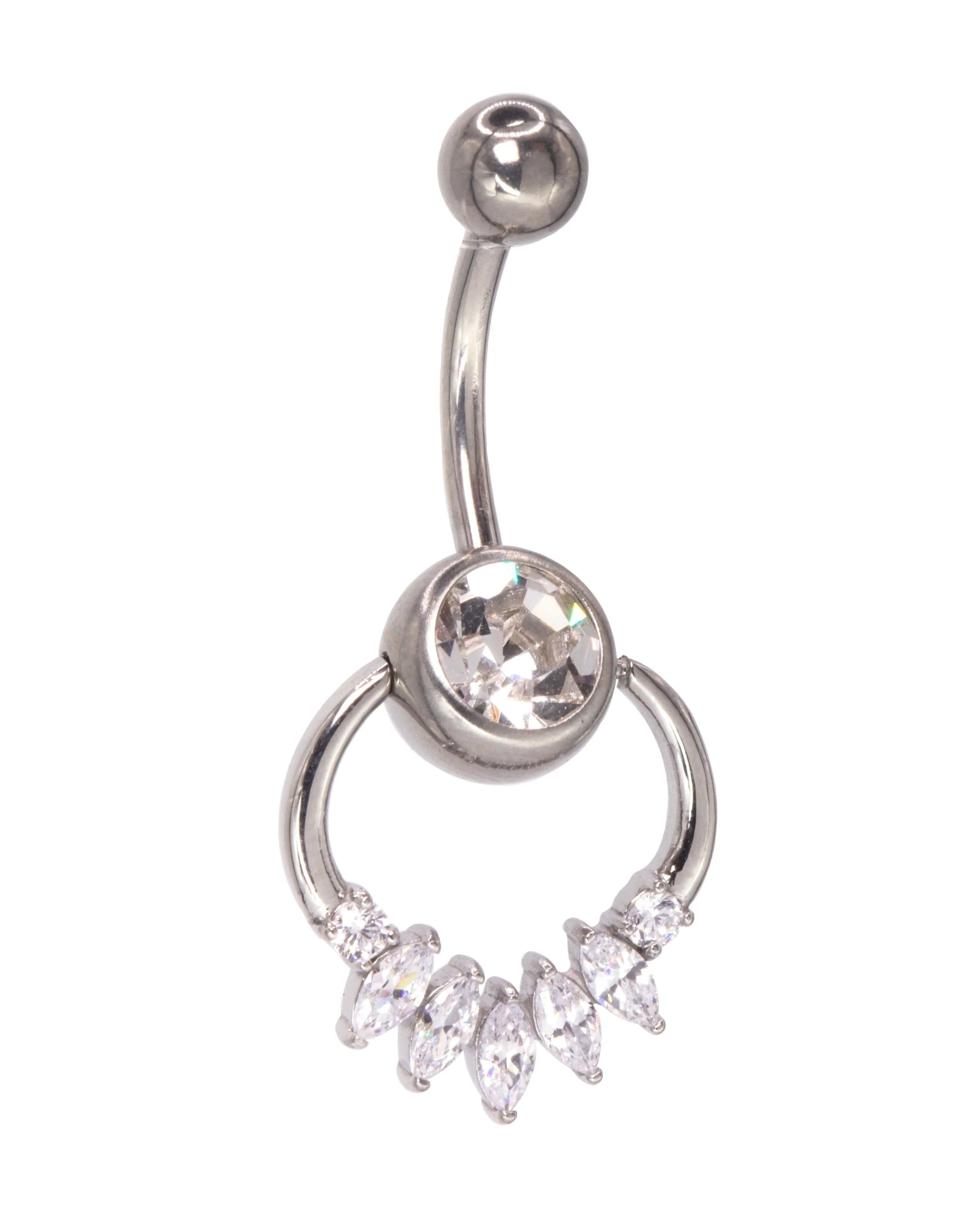hypoallergenic dangle belly ring featuring marquis crystals
