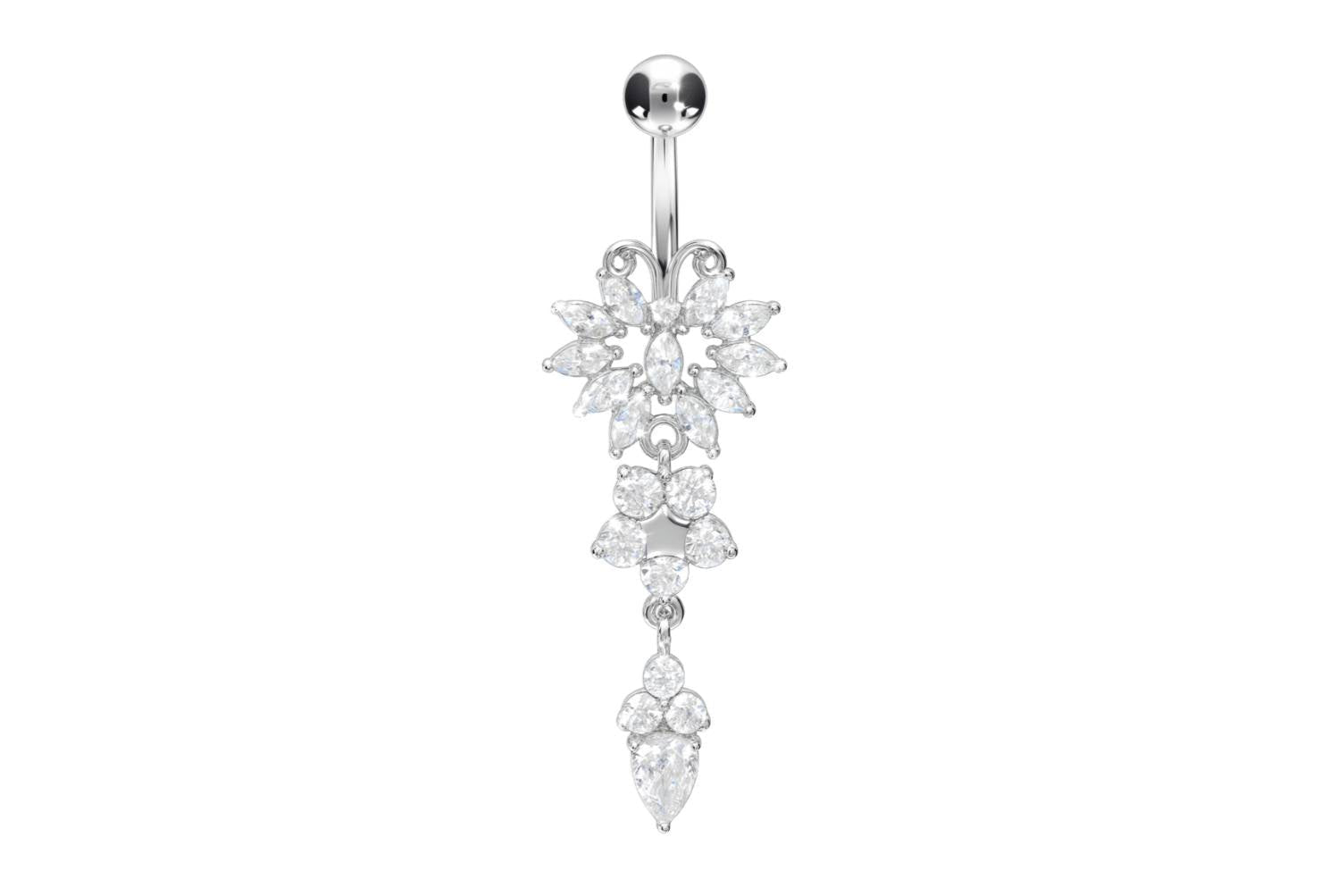 hypoallergenic dangle belly ring with an elegant butterfly design