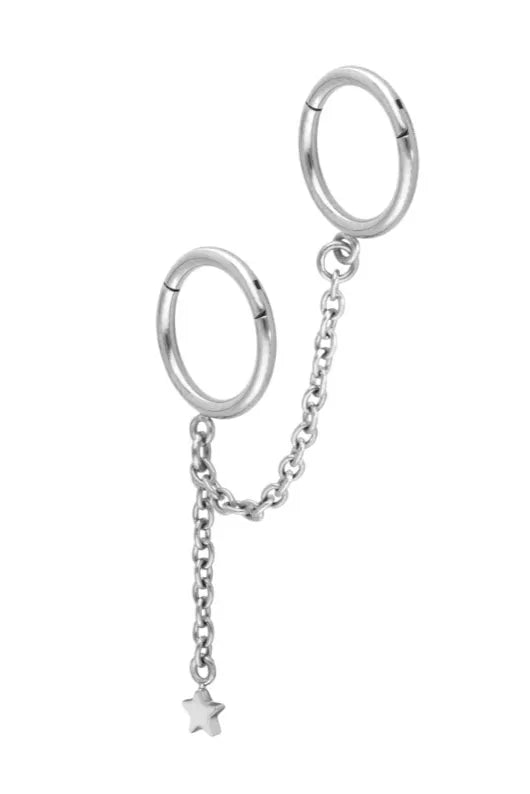 non-tarnish double hoop with connecting chain for cartilage piercings and lobe