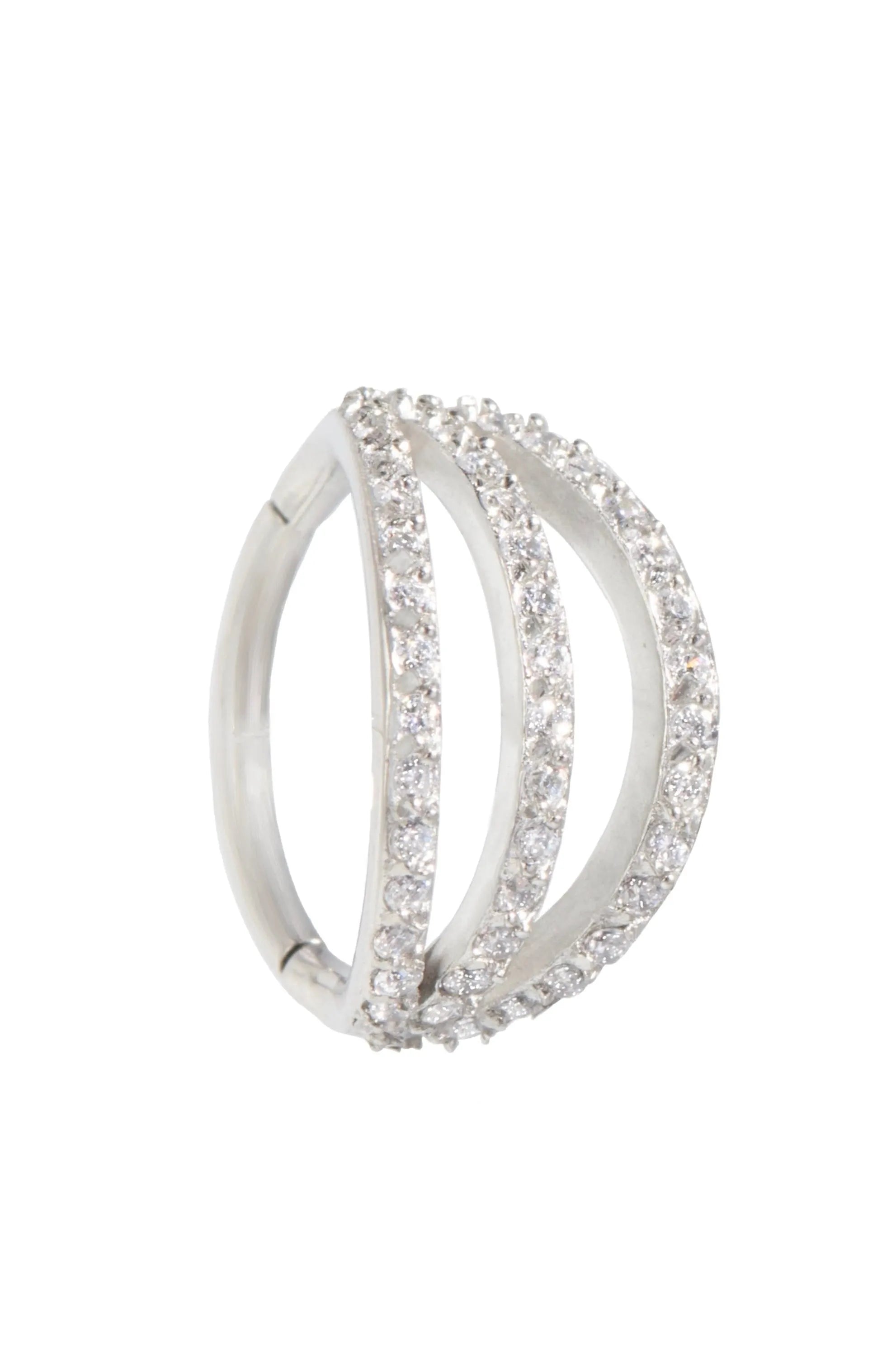 non-tarnish hoop for cartilage piercings featuring a triple crystal row