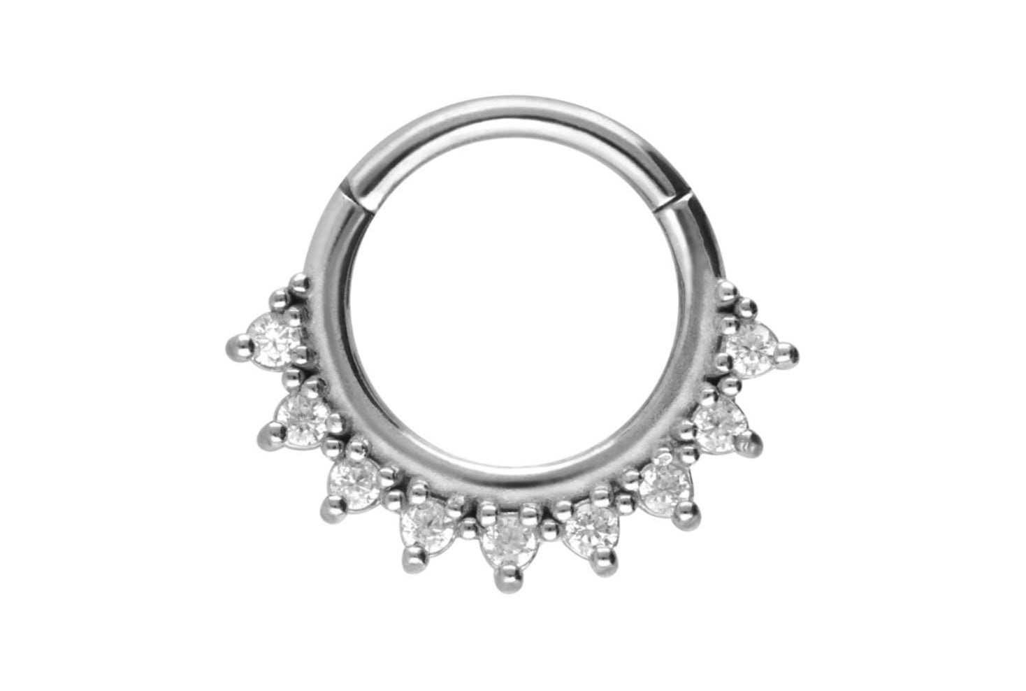 hypoallergenic septum jewelry with dainty crystals along the outer side of the hoop